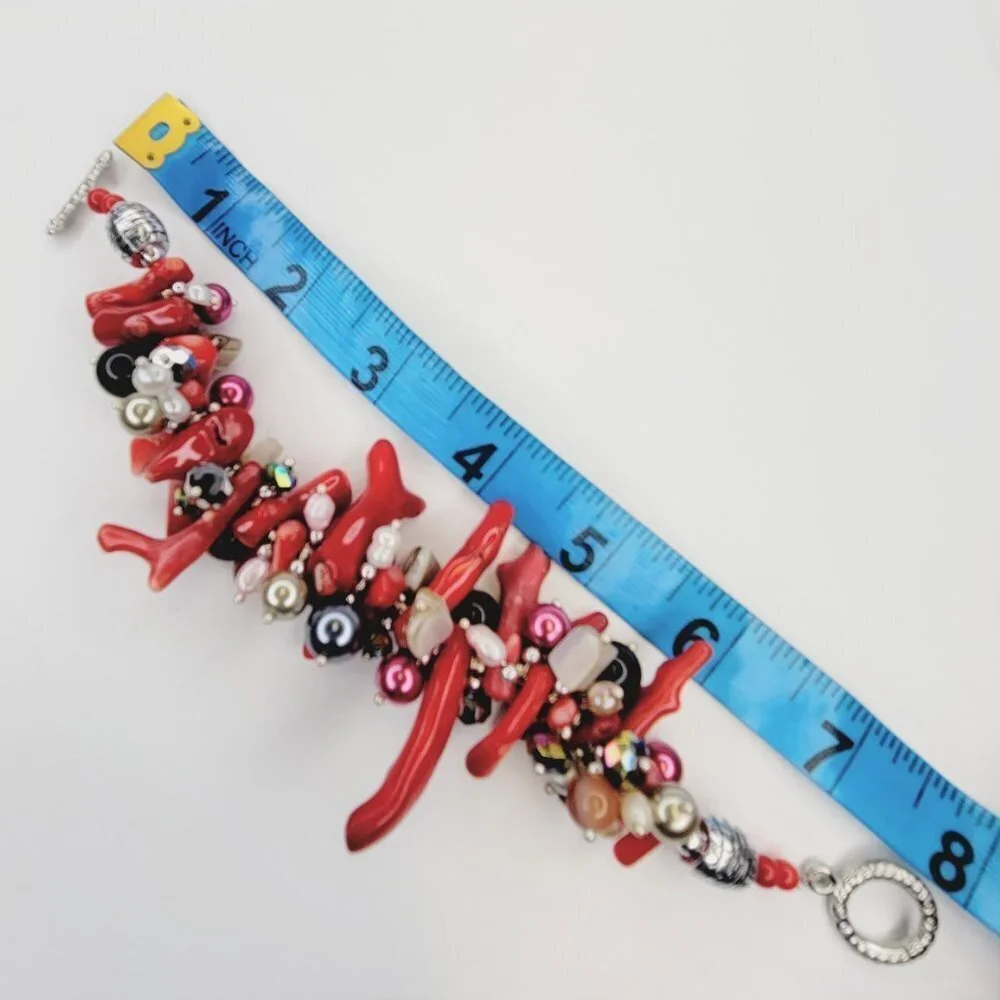 Red Coral Beads Bracelet with Pearls and multicolored Round Beads - Picture 11 of 11